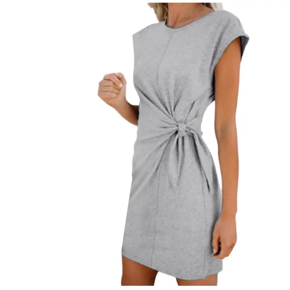 CABLE & GAUGE Gray S/S Round Neck Tie Waist Mini Dress S Small EUC $50